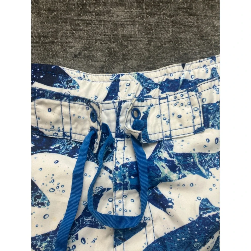 L.L. Bean Swim Trunks Boys 18 White Blue Shark Print Beach Wear Drawstring Waist